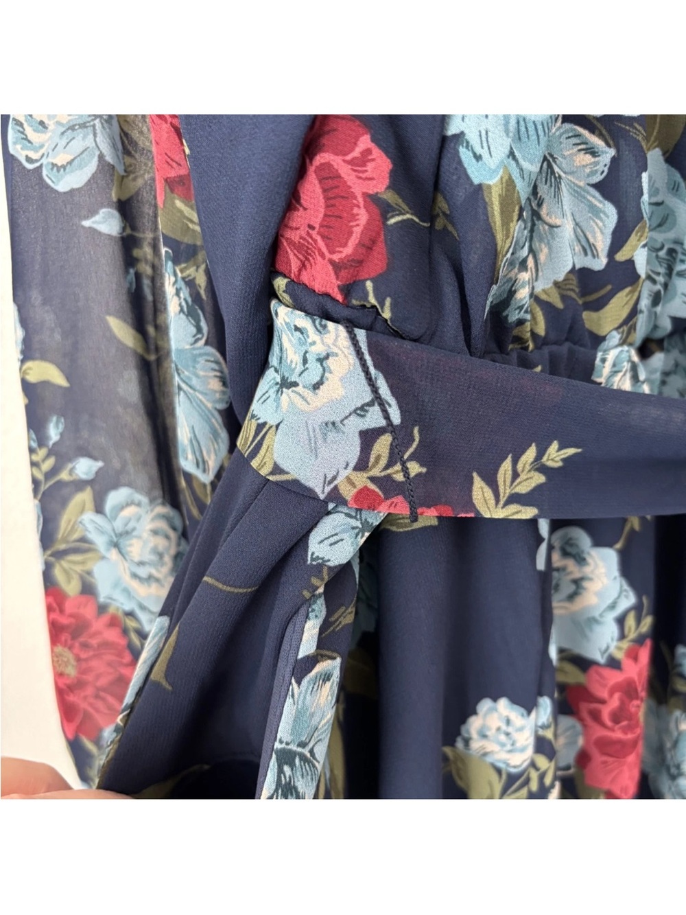 Torrid 2X Blue Floral Chiffon Surplice Mini Tie Belt Long Sleeve (H) - Picture 10 of 12